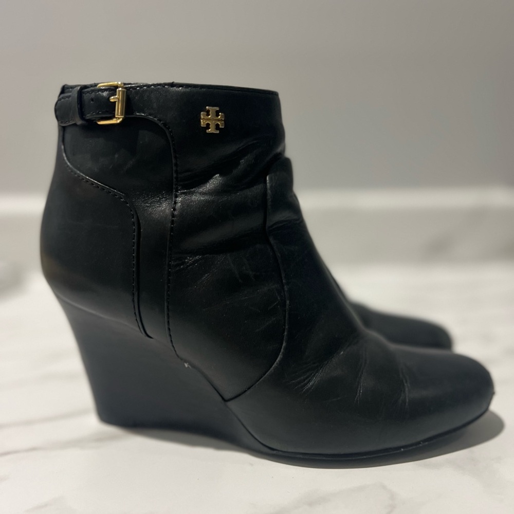 Tory Burch Black Ankle Booties with Gold Accent